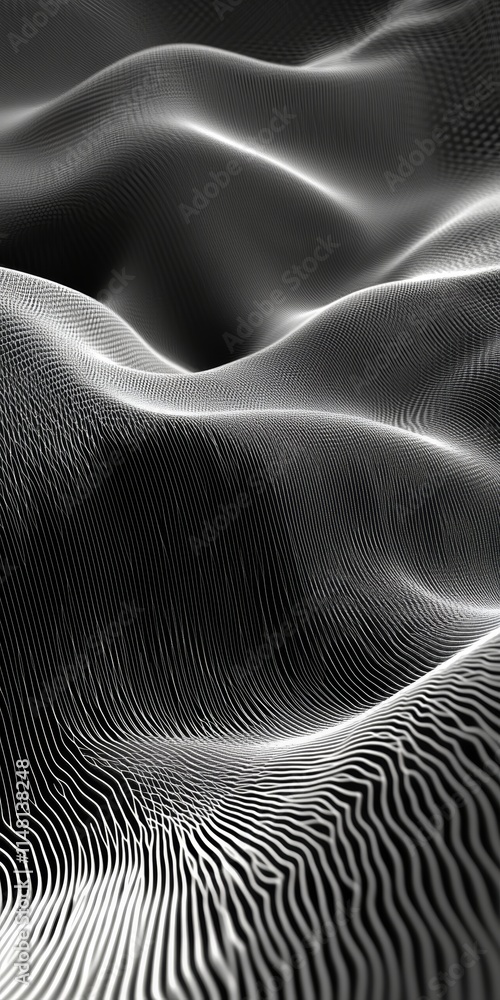 Poster abstract 3d wave pattern in black and white, showcasing dynamic lines and textures for a futuristic 