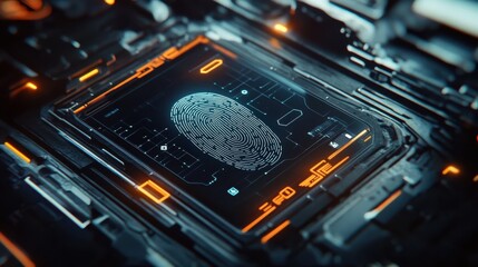 Macro biometrical scanner processing finger print identifying user access. Futuristic high-tech protection interface analysing fingerprint verifying personal login. Modern security digital concept.