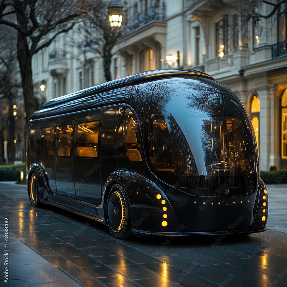 Poster a futuristic black bus with a sleek design parked on a city street lined with elegant buildings and 
