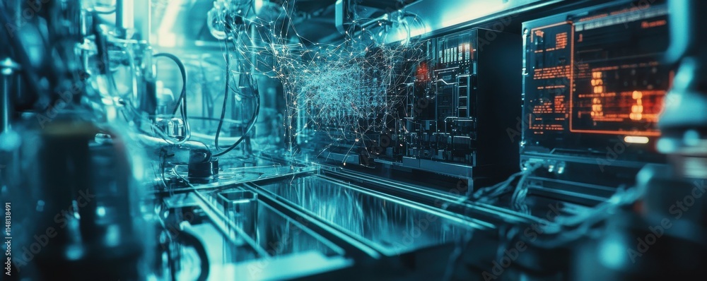Poster an intricately wired and metallic-surfaced quantum computer processor is spotlighted in a high-tech 