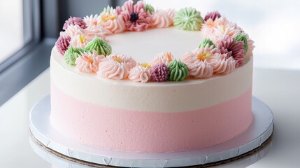 Elegant two-toned cake decorated with delicate buttercream flowers.