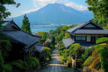 Naklejka premium Traditional japanese houses leading to mount fuji and lake kawaguchiko