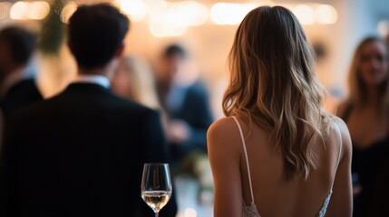 Elegant Woman at Wedding Reception, Back View, Bokeh Lights