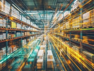 AIpowered system tracking inventory flow in realtime, selective focus, techdriven theme, futuristic, double exposure, data center backdrop