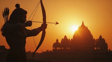 Lord Rama Silhouette with Bow and Arrow in Front of Ram Mandir at Sunset: A Glimpse of Indian Mythology. AI generated illustration