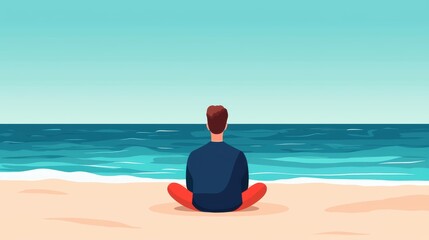 Fototapeta premium Emotional support and therapy as foundations for self-care A person sitting on the beach, gazing at the ocean under a clear sky.