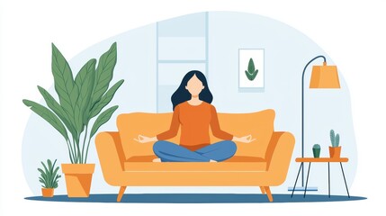 Fototapeta premium Emotional support and therapy as foundations for self-care A woman meditates peacefully on an orange sofa surrounded by plants and decor.
