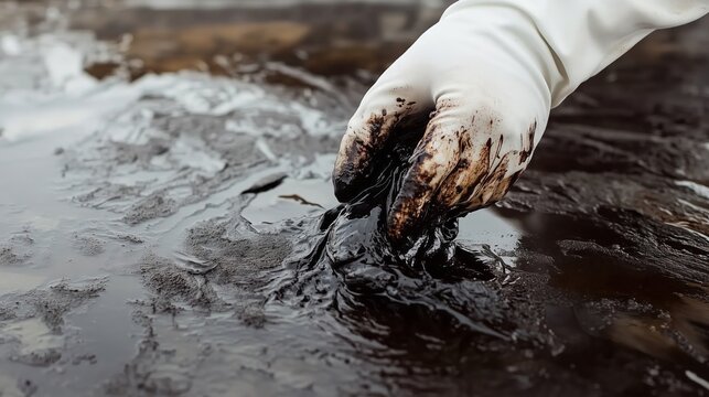 Scientist examining oil spill pollution with protective gloves