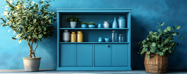 Fototapeta premium A stylish blue shelf displaying decorative items and plants in a contemporary interior setting.