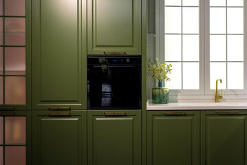 Built-in black oven integrated into green kitchen cabinet