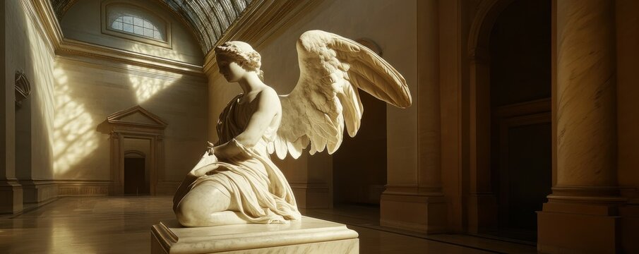 angel sculpture, illuminated statue, dramatic lighting, ethereal beauty, marble texture, classic art, serene atmosphere, historical significance, peaceful expression, museum exhibit