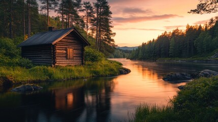 Fototapeta premium Sunset over tranquil river, reflecting golden light on calm water, with rustic wooden cabin nestled in lush green forest.