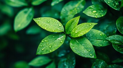 Close-up of lush green leaves, nature, background, banner with droplets of water, showcasing nature's beauty.