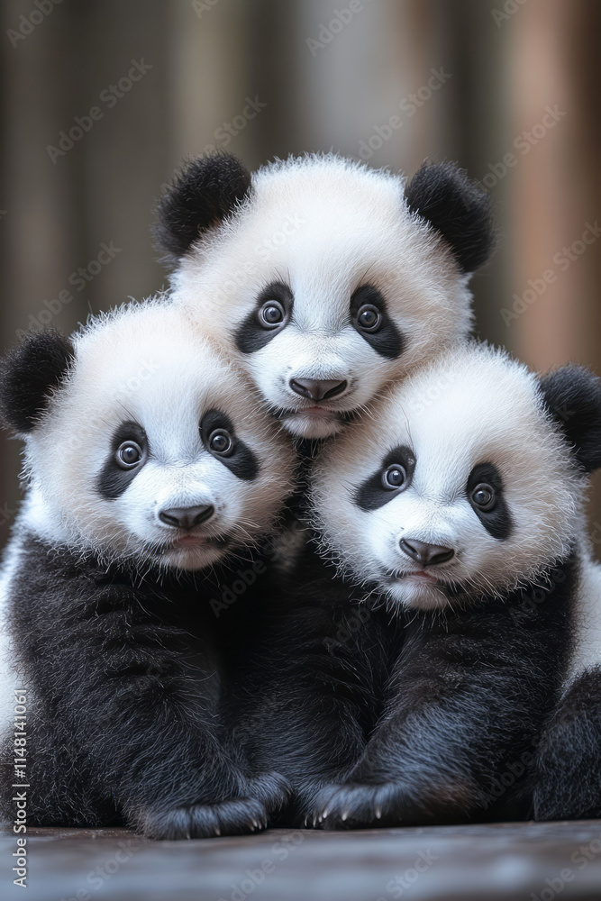 Poster A group of three baby pandas resting together, facing the camera with their distinct black and white fur,