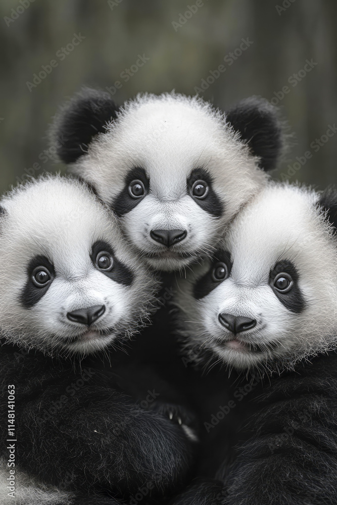 Poster a group of three baby pandas resting together, facing the camera with their distinct black and white