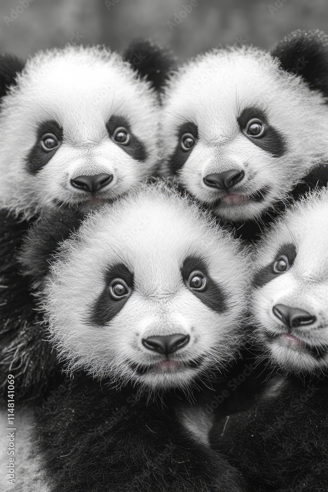 Poster A group of three baby pandas resting together, facing the camera with their distinct black and white fur,