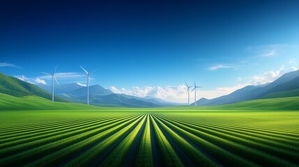 Eco-friendly green landscape with wind turbines and fields.