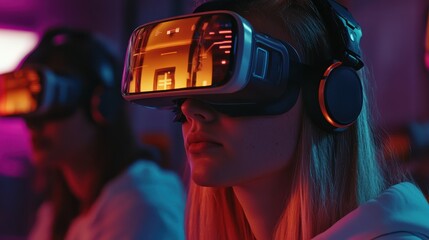 Students working with virtual reality glasses in creative university office - Young people using new technology - Focus on last woman headset - Tech,startup,youth,future and design concept