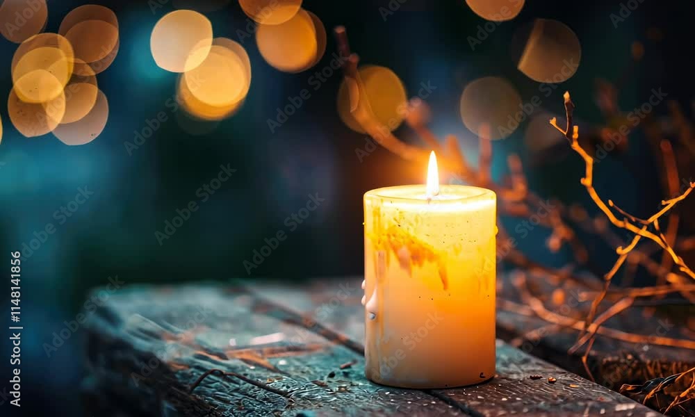Poster lit candle in dark ambiance with glowing bokeh effect background