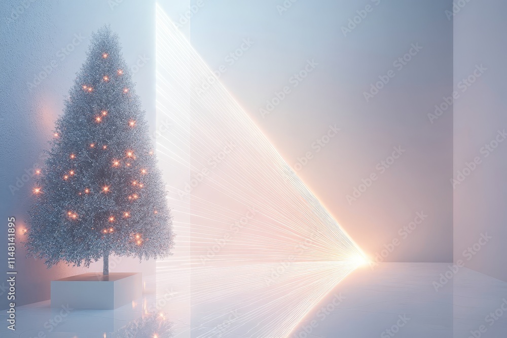 Poster a silver tree with lights on it is in front of a white wall. the tree is in a box
