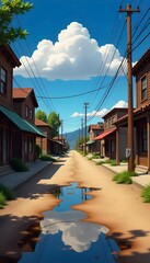Residential area with water puddles and blue sky. 3d render. generated by AI