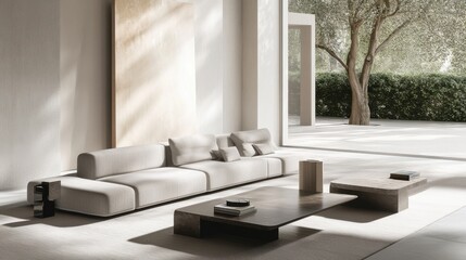 Minimalist modern room with clean, elegant design. Featuring sleek furnishings and neutral tones