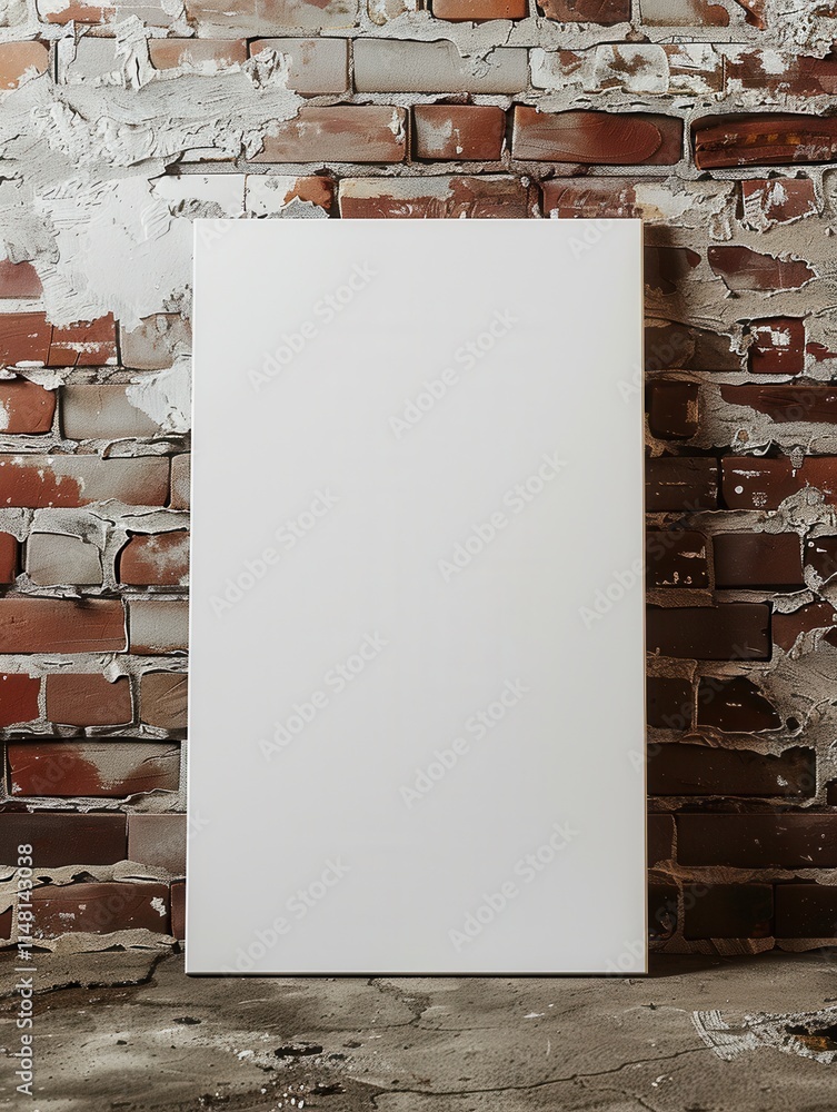 Poster blank canvas displayed against a rustic brick wall in an art studio, creating an inspiring backdrop 