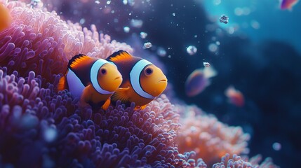 Close-Up of Two Clownfish Swimming Among Anemones in Bioluminescent Coral Reef: National Geographic Style. AI generated illustration