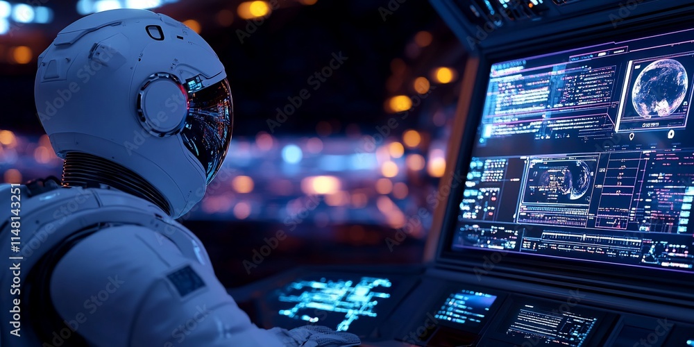 Aufkleber astronaut using futuristic technology in spaceship.