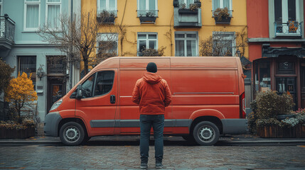 Fototapeta premium A journalist standing in front of a news van, delivering a report,