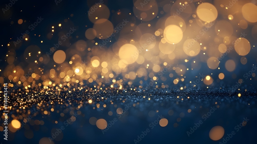 Poster golden glitter bokeh on a dark blue background. 3d rendering. generated by ai