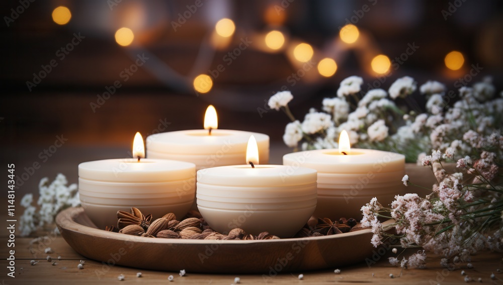 Poster soft candlelight glows gently in a rustic setting surrounded by delicate flowers and aromatic spices