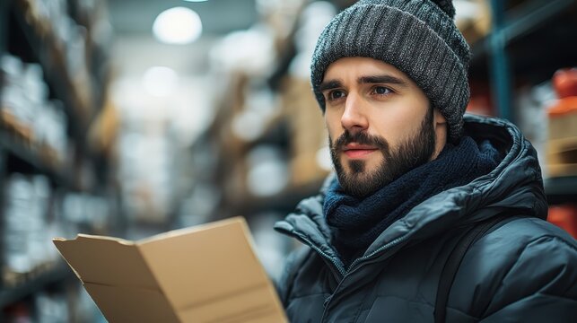 Employee scanning items for precise inventory tracking, focus on, warehouse theme, realistic, blend mode, storage racks backdrop