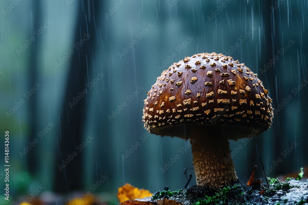 Poster mushroom growing in a misty forest setting while raindrops fall around it during a serene autumn day