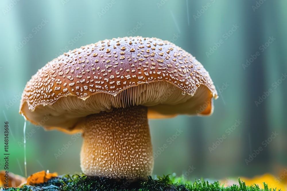 Poster captivating close-up of a mushroom showcasing intricate details in a misty forest setting during ear