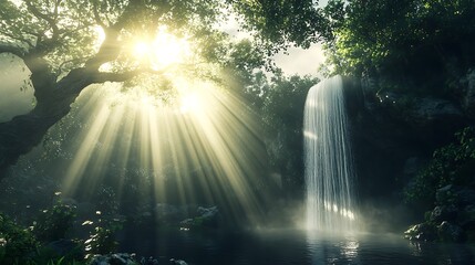 Sunbeams illuminate a hidden waterfall cascading into a tranquil pool within a lush, green forest.