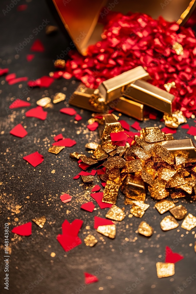Poster a black background with gold and red glitter scattered all over it. the gold and red glitter is in v