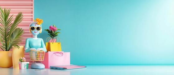 Virtual customer service, AI-driven support, 3D illustration, enhanced shopping experience concept