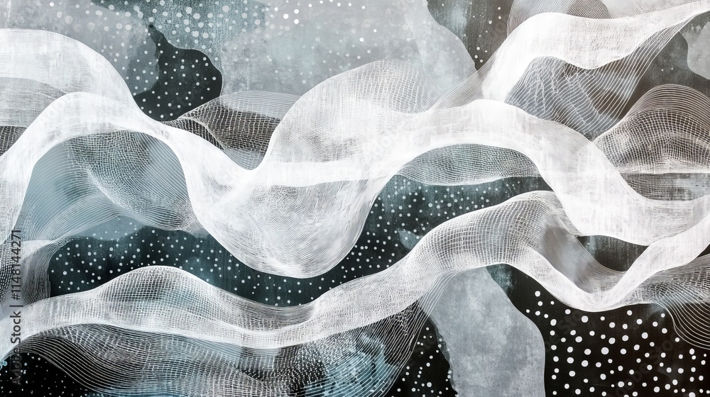 Aufkleber Dynamic abstract design featuring flowing black and white waves with dotted textures, creating a modern and artistic visual effect.