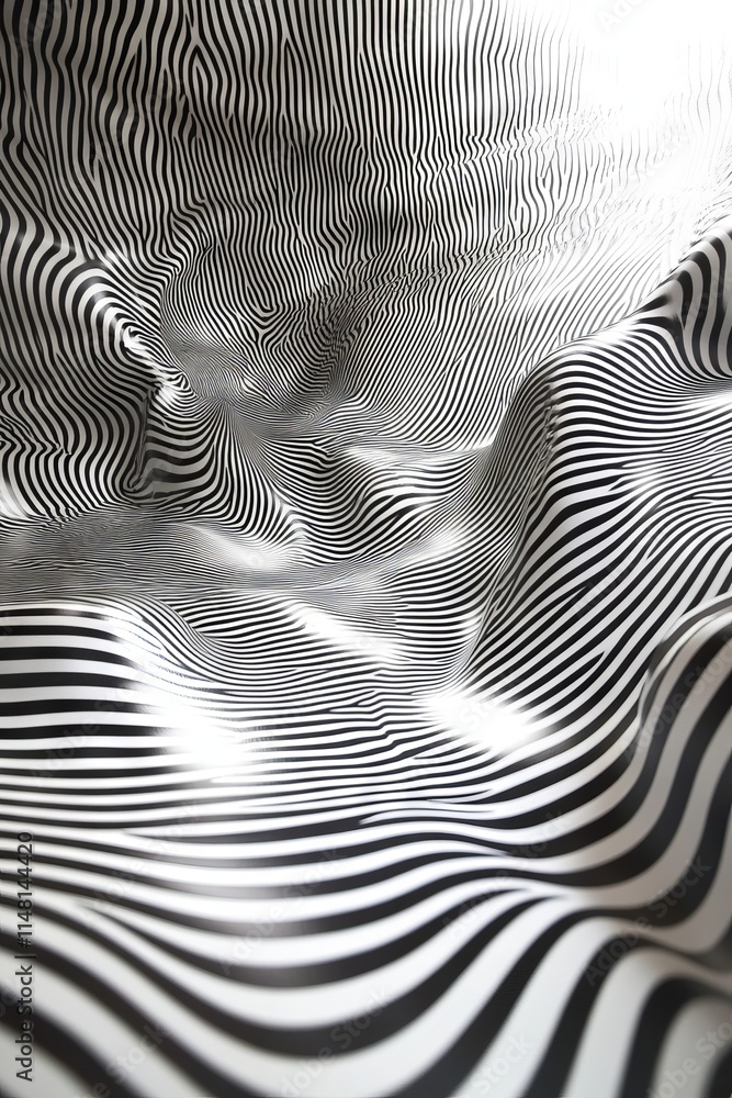 Poster dynamic black and white striped pattern forming an optical illusion with wavy lines and a sense of d