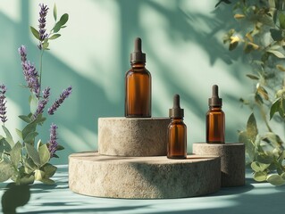 Artisan herbal tinctures displayed on natural stone pedestals surrounded by greenery in a bright, serene setting