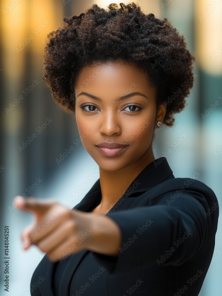 Poster Confident business professional with natural curls engaging in a corporate setting while pointing forward in a city environment during daytime