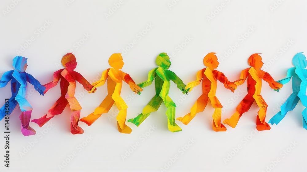 Poster colorful origami figures holding hands create a vibrant display of friendship and unity in a playful