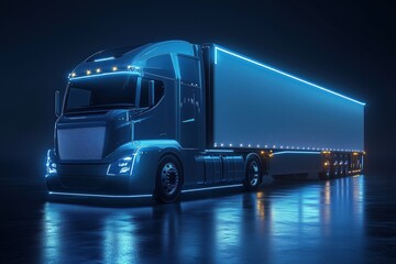A futuristic truck with glowing blue lights, parked in a dark environment. The truck features a sleek design and a large trailer, reflecting light on a wet surface.
