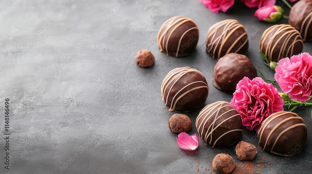 Poster decadent chocolate truffles decorated with flowers and cocoa on a textured surface for a delightful 