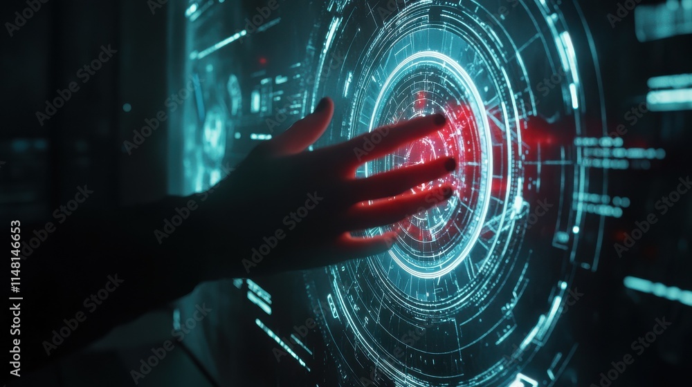 Poster hand touch digital hud interface futuristic technology background of virtual computer screen display