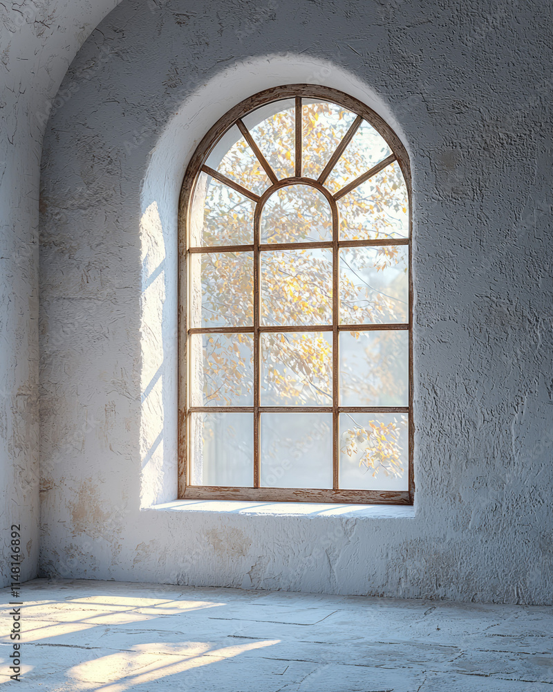 Poster a front-facing view of a white window slightly ajar, with a subtle shadow cast on the plain white su