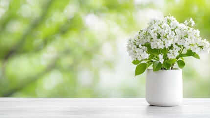 White flowers in a white pot on a wooden table, blurred green background.