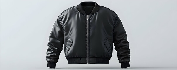 A sleek black bomber jacket displayed against a neutral background, showcasing its design.