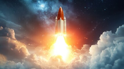 Rocket launching from a laptop screen, symbolizing innovation and creativity, set against a dynamic background.